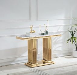 Marble console table with stainless steel pedestal base