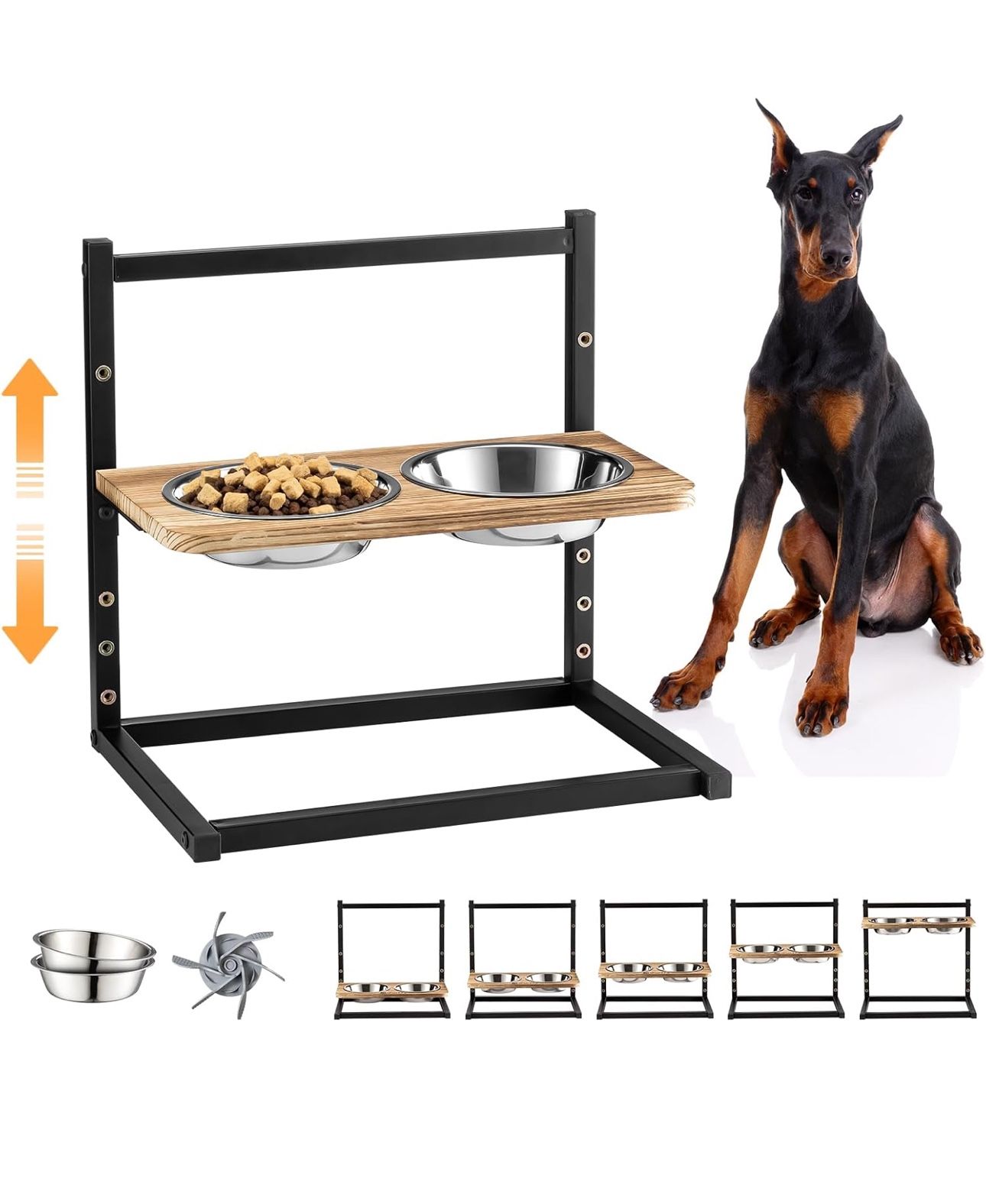 LBFO Elevated Dog Bowls with 2 Stainless Steel Bowls Raised Dog Bowl Adjusts to 5 Heights 3.1", 9", 10", 11", 12" Dog Bowl Stand for Large Medium Smal