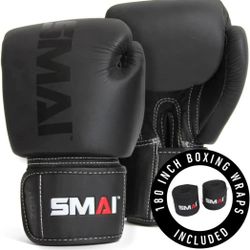 SMAI Elite85 Leather Boxing Gloves Plus 180" Black Boxing Wraps - Competition Boxing Mitts Made for Sparring, Kickboxing - Size: 14oz - BRAND NEW