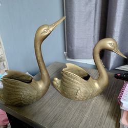 Pair Of Brass Swan Planters
