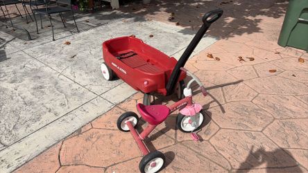 Kids pull cart and tricycle