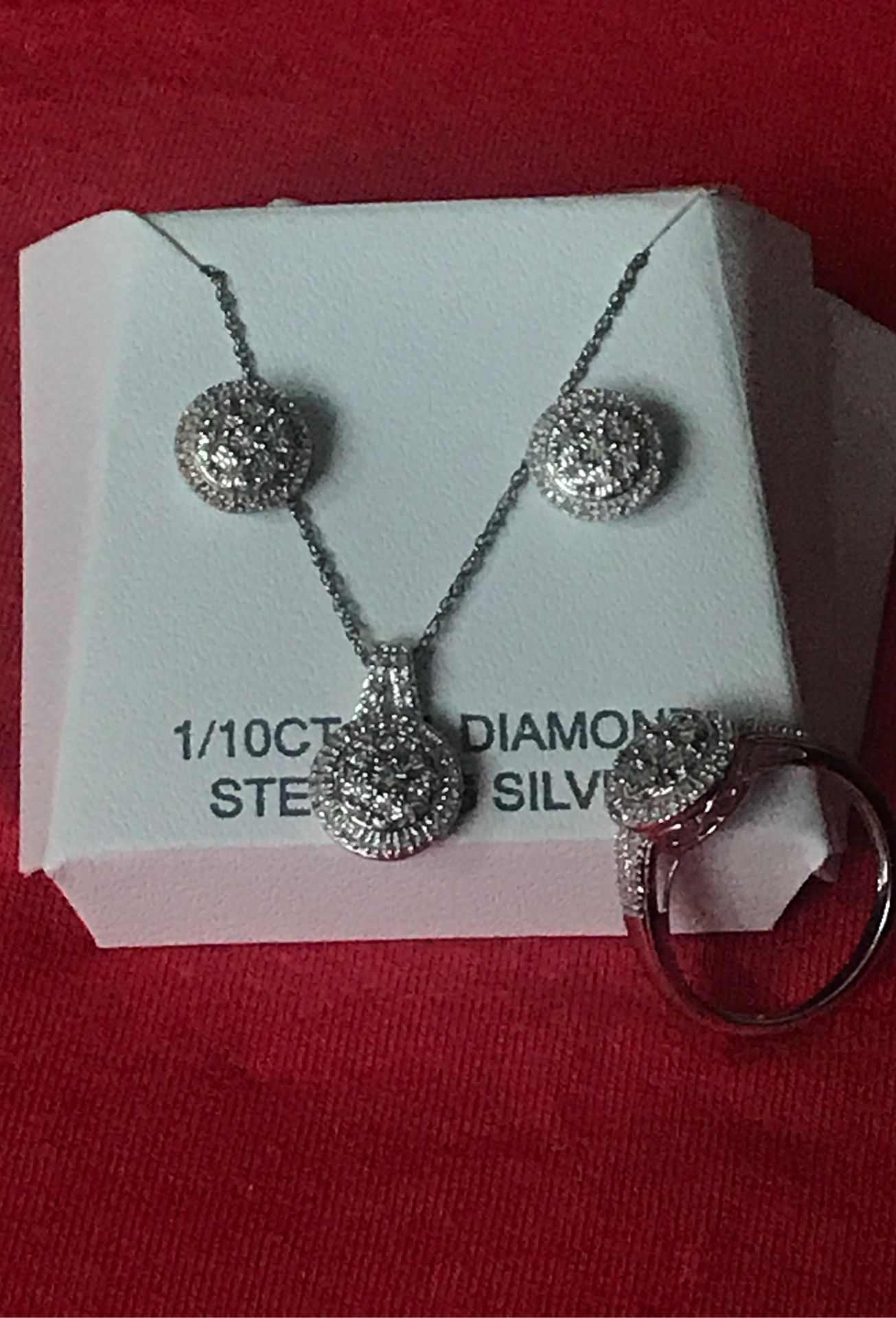 sterling silver and genuine diamond set/ ring earrings and necklace