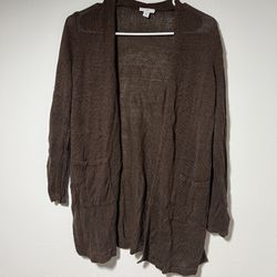 J Jill Open Knit Linen Blend Open Front Cardigan Sweater Size S Brown  