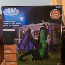 Airblown Inflatable red Eyed Dragon 8.9f t Tall New In Box Self Inflates In Secounds Lights Up 