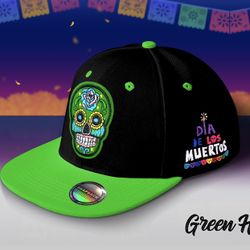 SugerSkull Hat (Green / Black ) Flat Top SnapBack Hat