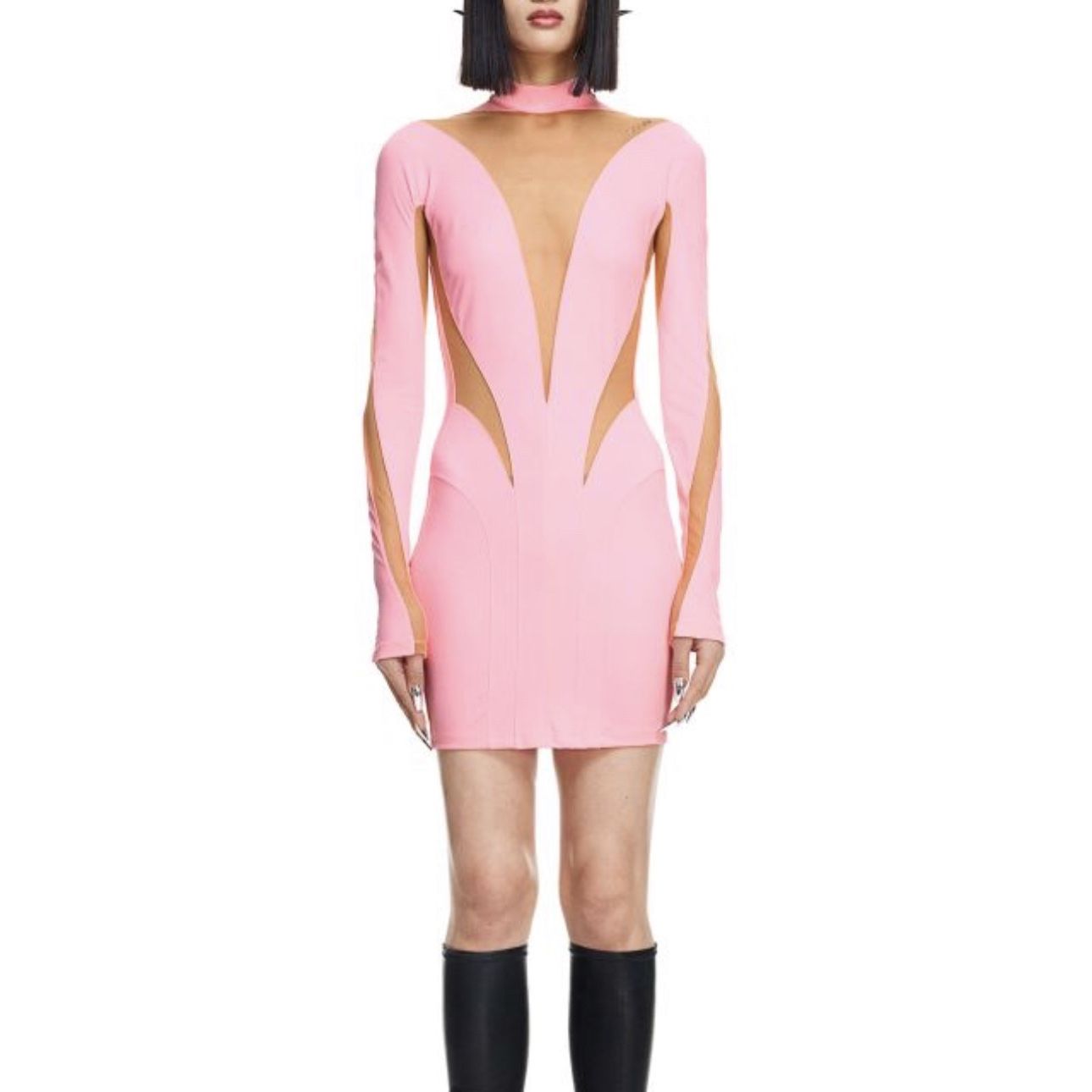 h&m pink mesh dress HM H&M x MUGLER Mesh-Paneled Mini Dress Pink Size XS