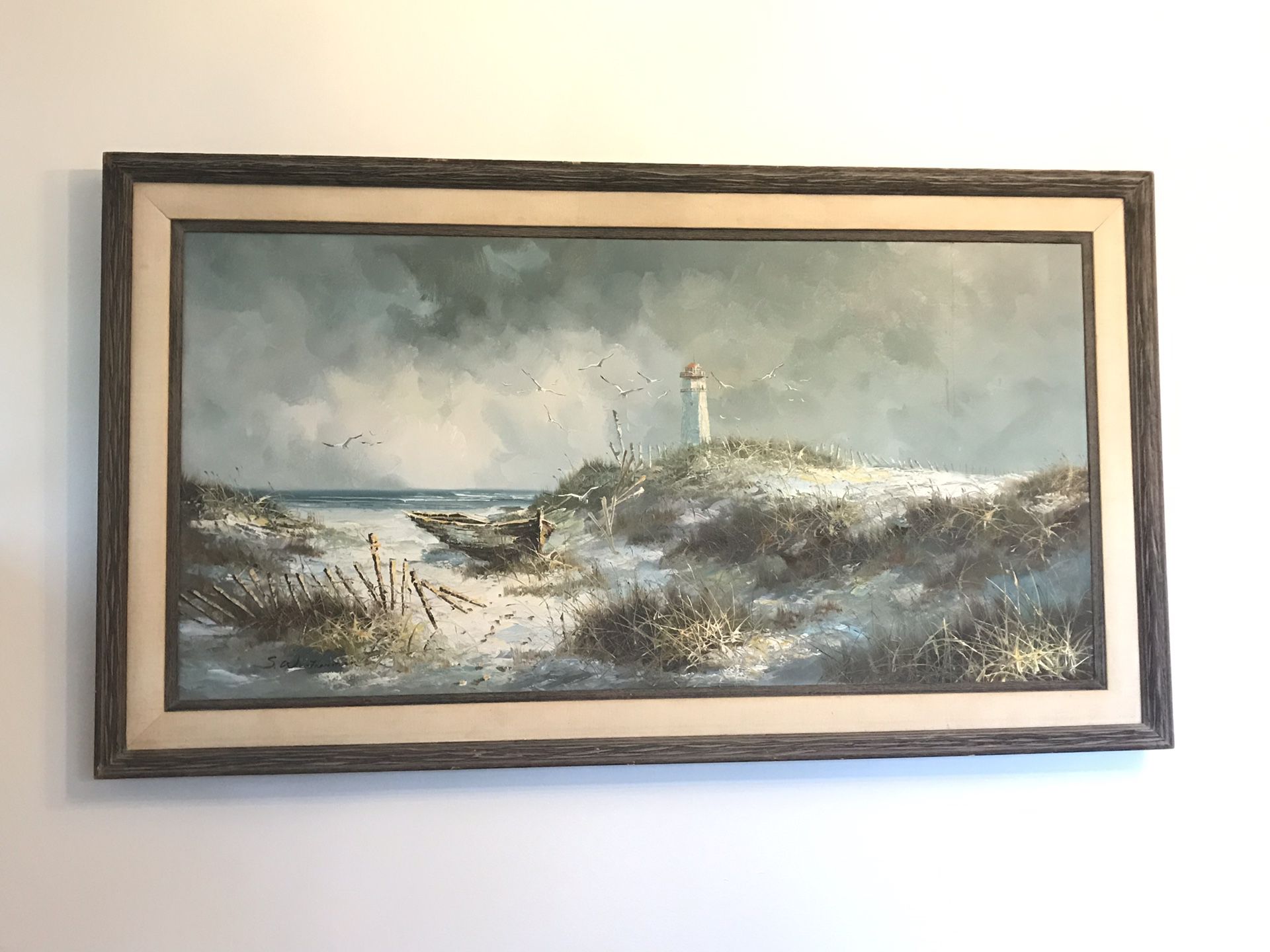 Large oil seashore ocean lighthouse painting framed seascape