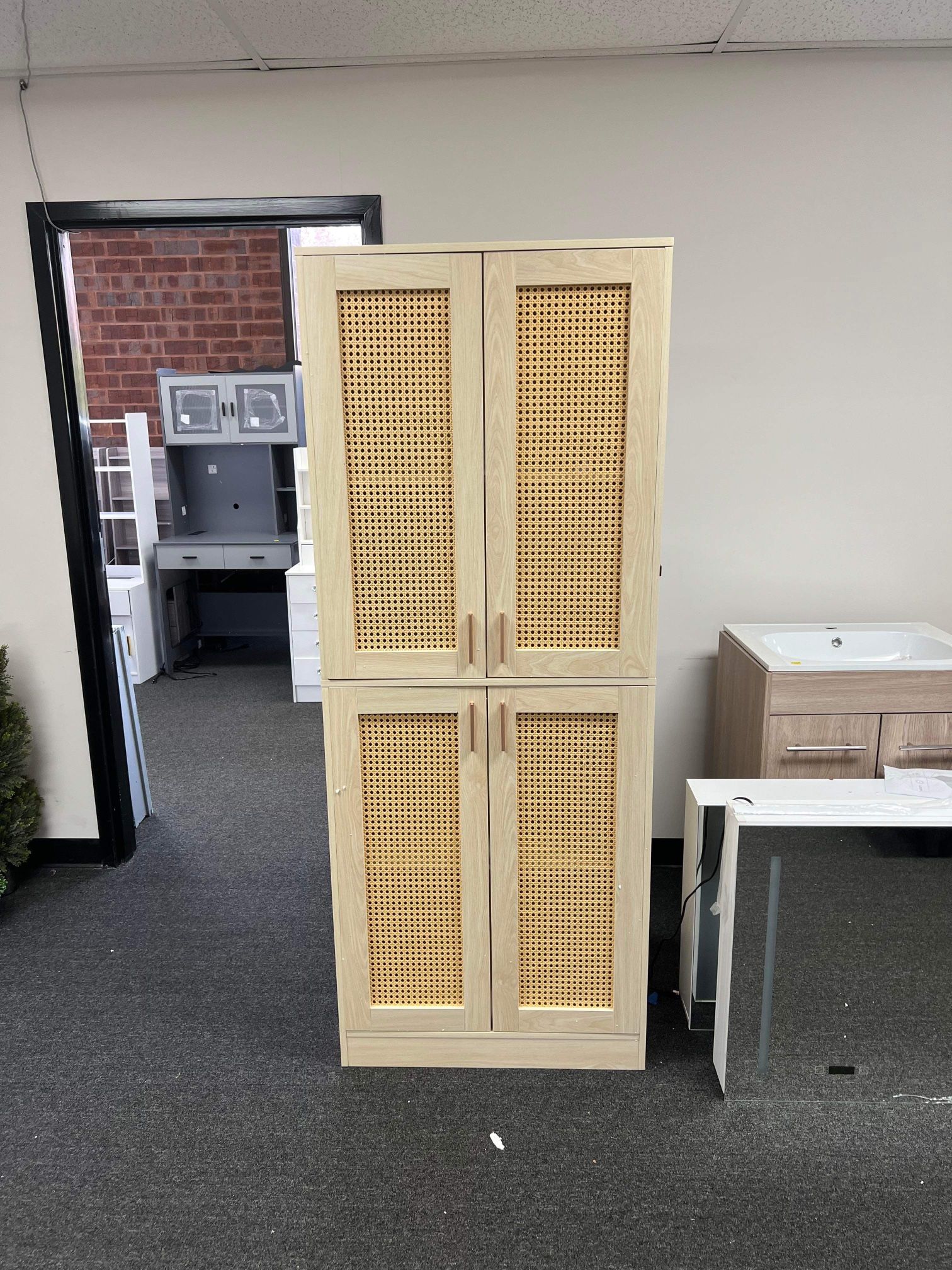 Cozy Castle 71" Pantry Cabinet, Freestanding Tall Storage Cabinet with Adjustable Shelves and Rattan Doors for Kitchen, Dining Room,