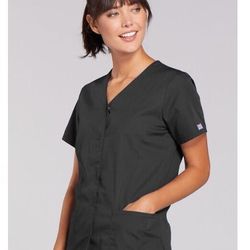 Cherokee Scrubs Snap Front V-Neck Top, Pewter, Large *Brand New*