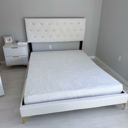 Queen bed frame white and gold with Nightstand