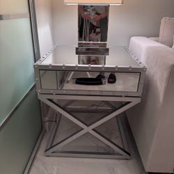 Large square mirrored end table with drawer