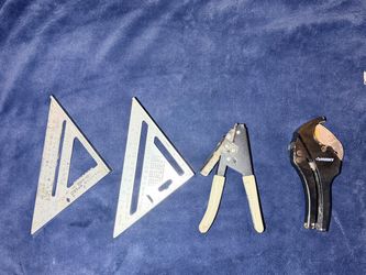 Mixed Tool Lot – Speed Squares, Pliers, Pipe Cutter