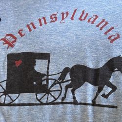 Vintage T-shirt. Blue T-Shirt. By Sportswear ‘Pennsylvania’ Amish print. Size large. Made in USA.