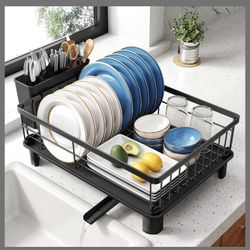 SNTD Dish Drying Rack - Space-Saving Dish Rack For Kitchen Counter, Stainless Steel Dish Drainer With Utensil Holder And Drainboard, 11" W X 15" L (Bl