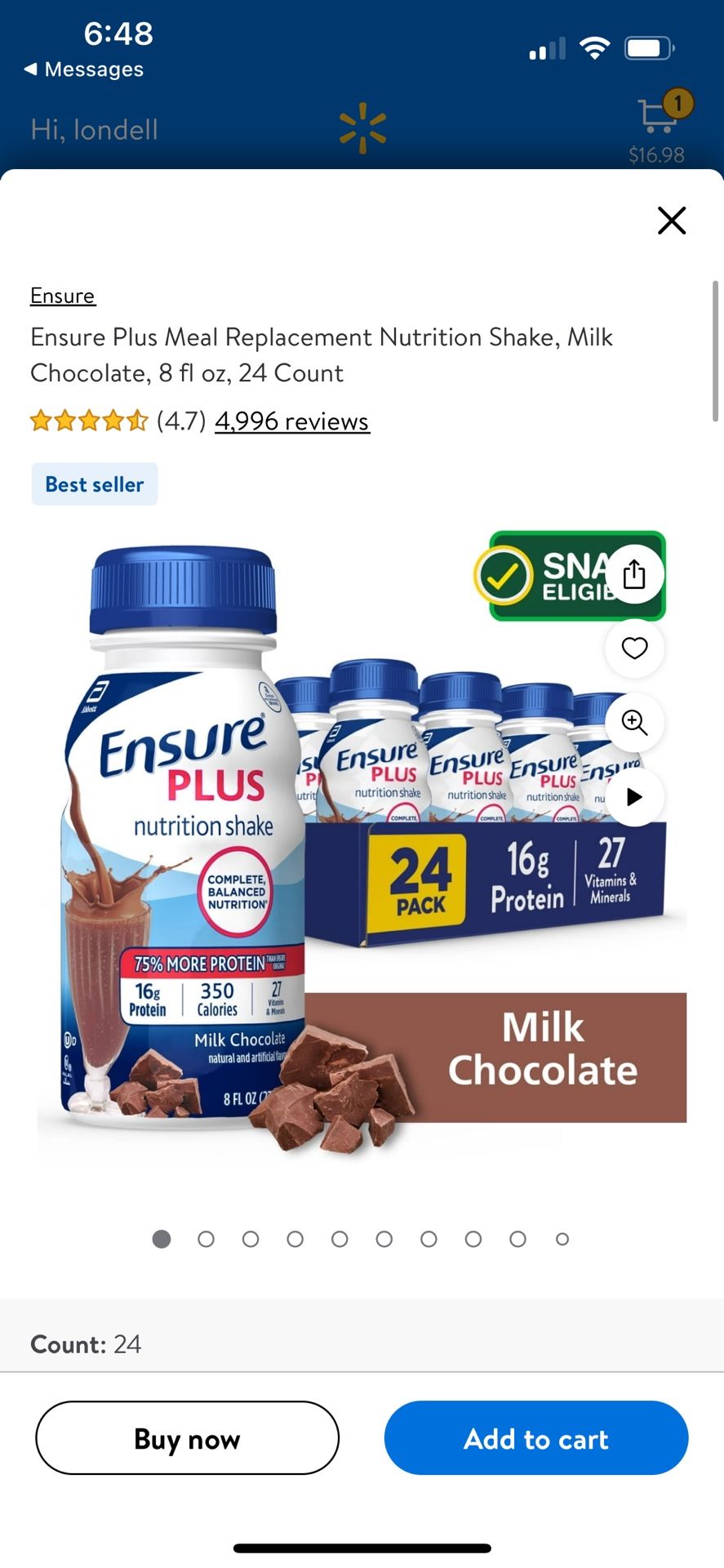 Ensure Plus Meal Replacement Nutrition Shake, Milk Chocolate, 8 fl oz, 24 Count