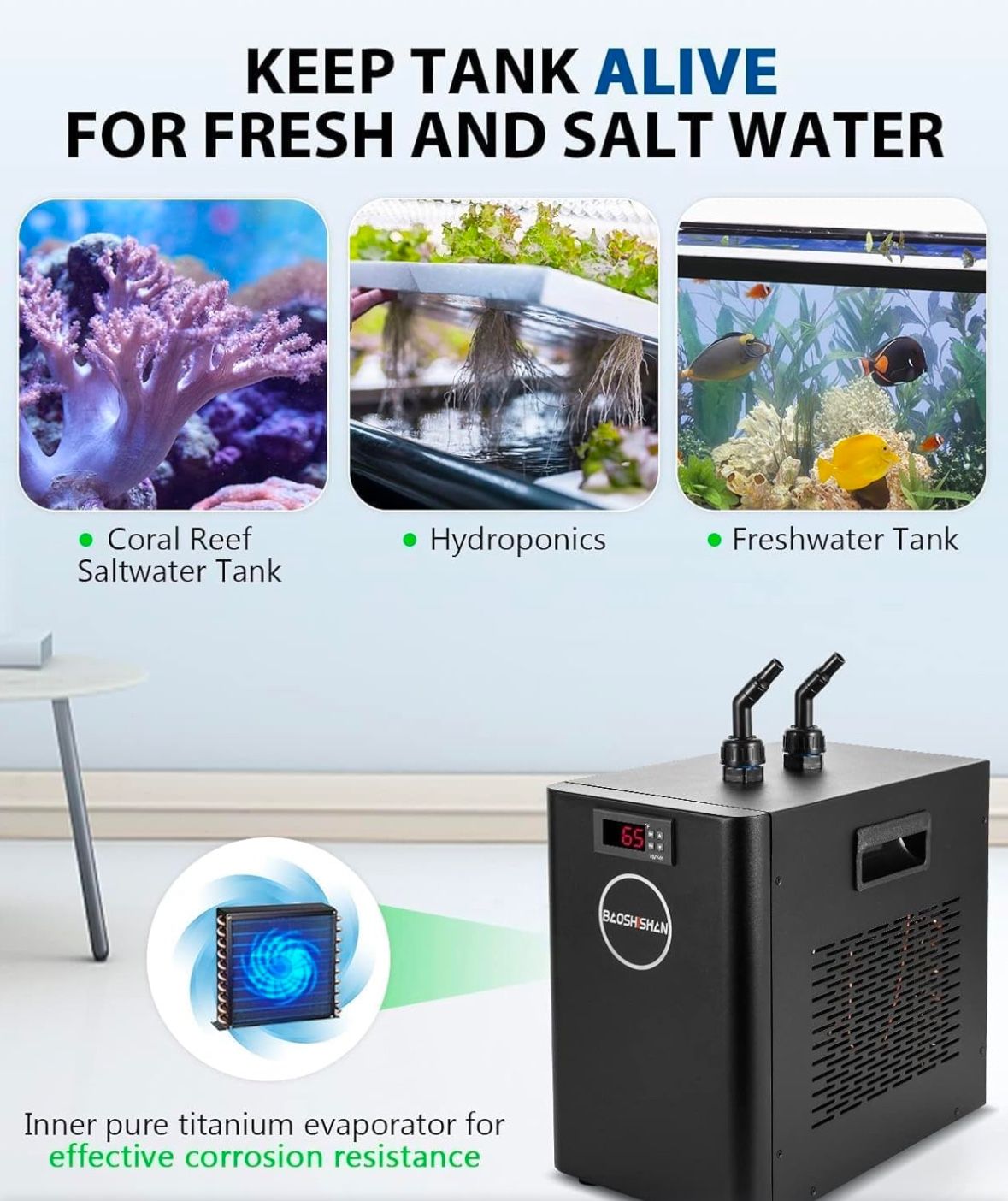 BAOSHISHAN Aquarium Chiller 42gal 1/10 HP Water Cooler Fish Tank Chiller Special Quiet Design Refrigeration Compressor for hydroponics Water weeds Jel