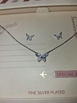 FINE SILVER PLATED BUTTERFLY CHAIN AND EARRINGS.