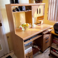 Large Vintage Desk with Built-in Cabinet, Shelf, and Portable Drawers