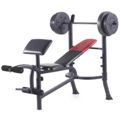 Weider Pro 265 Standard Weight Bench with Weighs, Bar, and Clamps included.