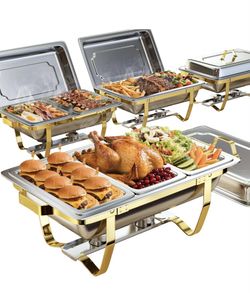Chafing Dishes for Buffet 4 Pack 7pan, 9QT [Elegant Gold and Silver Colors] Stainless Steel Chafing Dish Buffet Set [Sturdy and High Grade] Chafers an