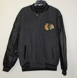 Mens Chicago Blackhawks JH Design Wool/ Leather Snap Up Reversible Jacket Size Medium
