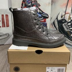 New Ugg Kids Girls Robley Silver/Charcoal Glitter Combat Boots  - US size 6/7.5W