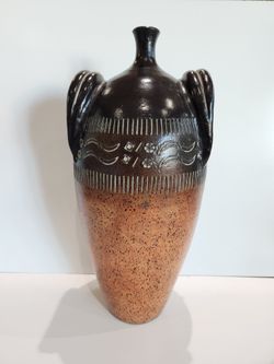 Vintage Large Studio Art Pottery Vase, Faux Handle Ceramic Stoneware Jug Amphora