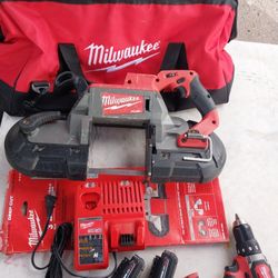 MILWAUKEE BANDSAW 18V LITHIUM FUEL BRUSHLESS AND DRILL WITH 2 BATTERYS AND CHARGER 