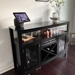 Concise Wooden Sideboard with Wine Rack, Liquor Cabinet Buffet Table Tall Console Dining Server Storage Cabinet, Coffee Bar Cabinet with Adjustabl
