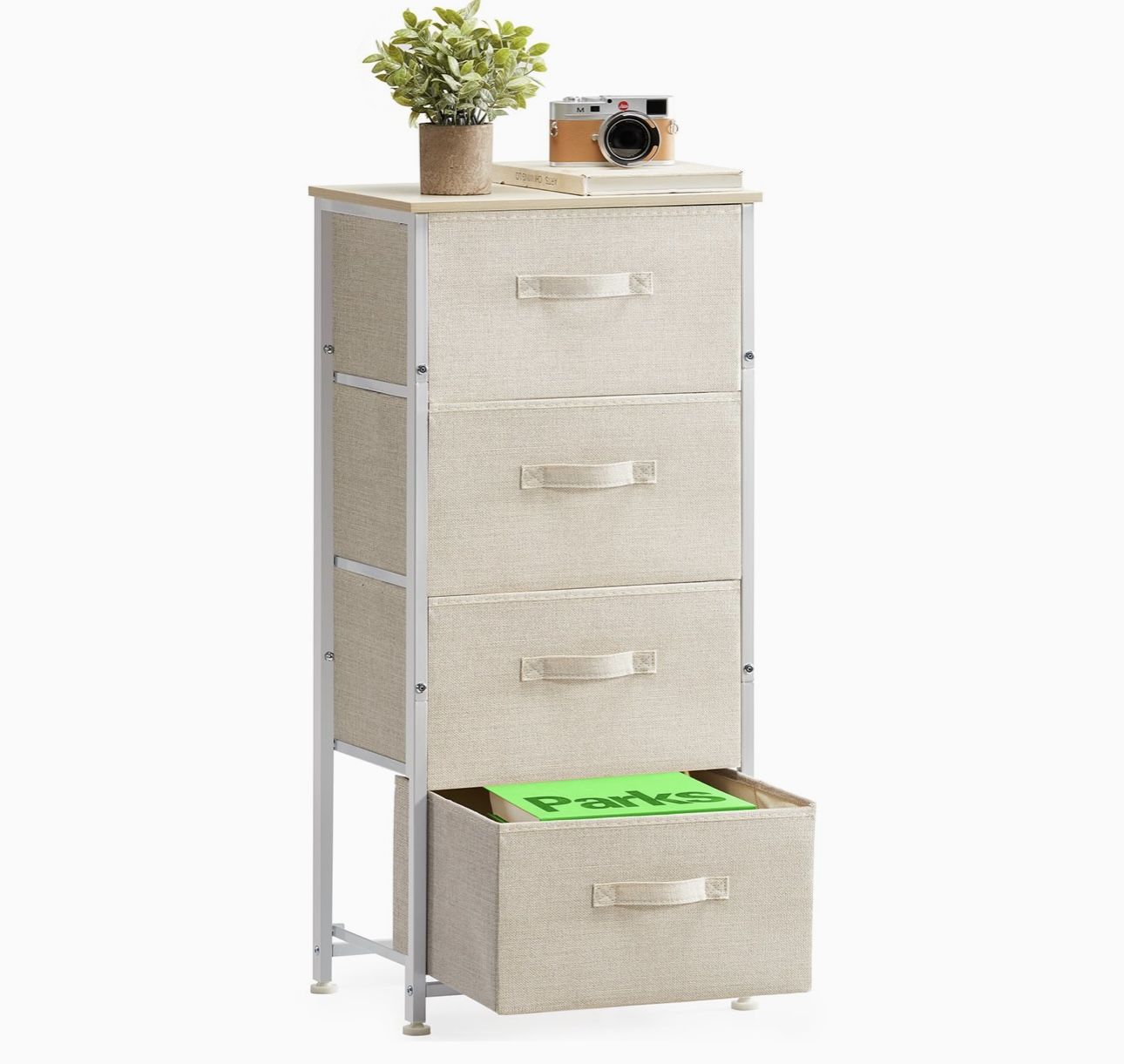 Dresser with 4 Drawers, Tall Storage Tower with Sturdy Steel Frame Wood Top，Fabric Dresser Organizer Unit for Bedroom, Hallway, Entryway, Closets, Nur