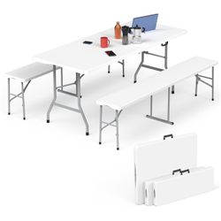 6-Foot Folding Picnic Camping Party Table Set w/ 2 Benches - White - Heavy Duty