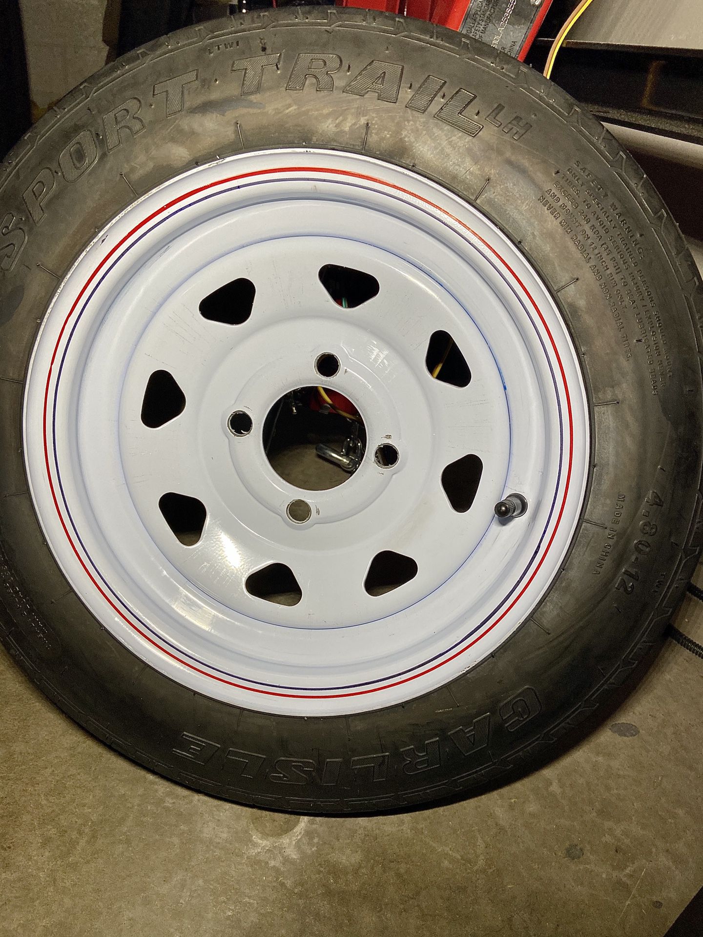 Carlisle 12” trailer white spoke tire on rim