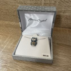 Crystals Owl Pendant Necklace 18” Chain Silverplate