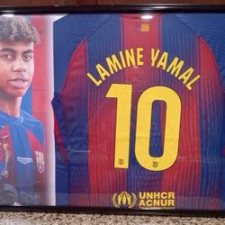LAMINE YAMAL OF THE BARCELONA SOCCER TEAM CUSTOM,BRANDED, AUTHENTIC FRAMED JERSEY.