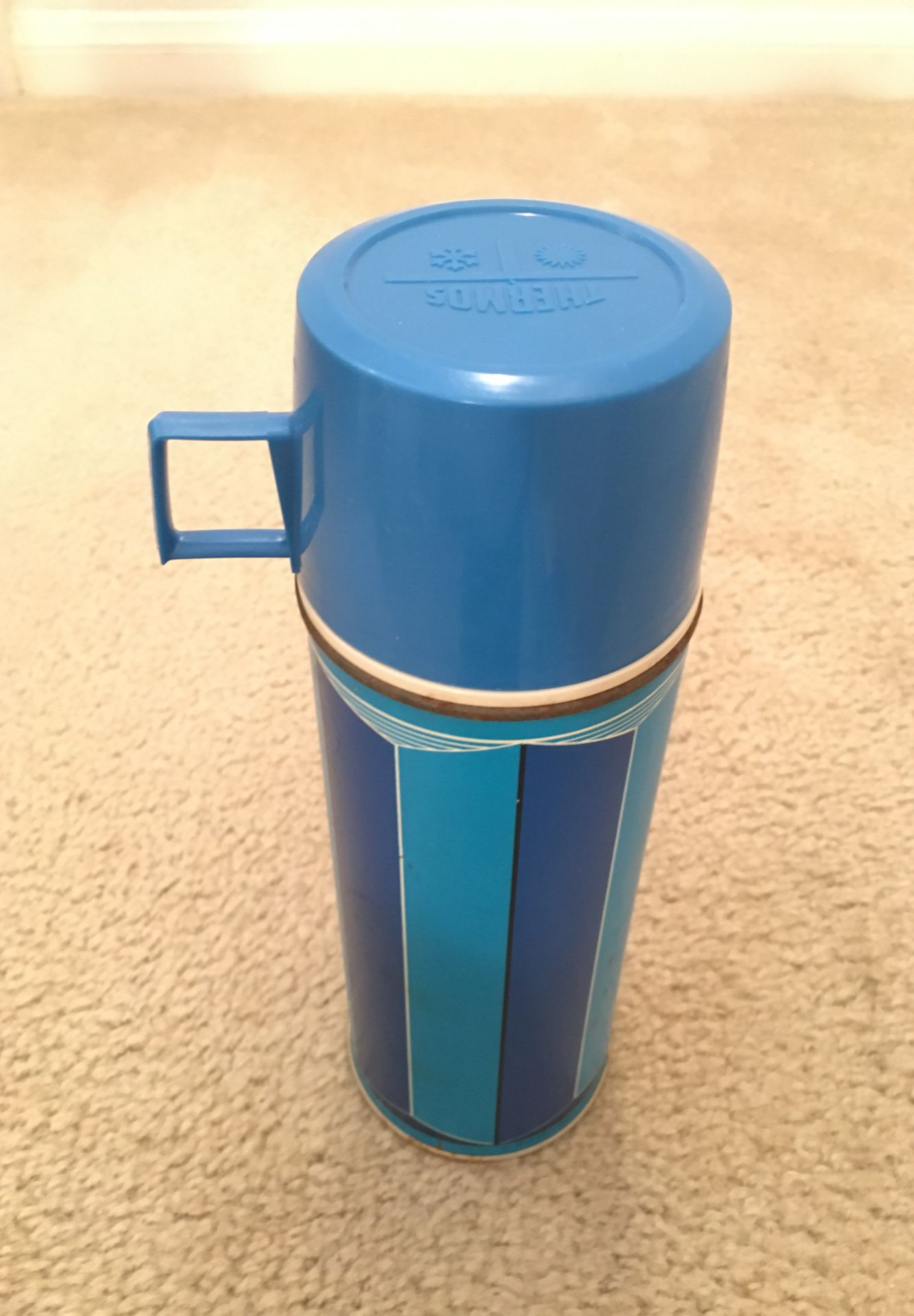 Thermos with cup dark blue/ light blue glass liner Antique decorative item