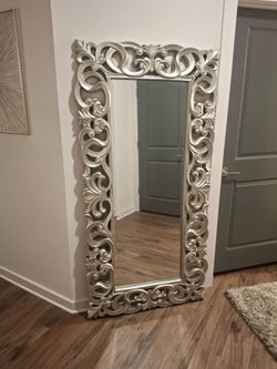 Large Floor Mirror with Ornate Silver Frame