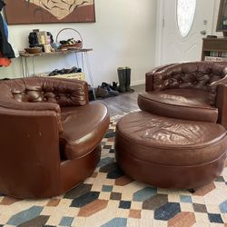 Vintage Leather Barrel Chairs And Ottoman 