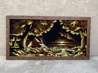 Large Velvet Painting Landscape in Carved Wood Frame