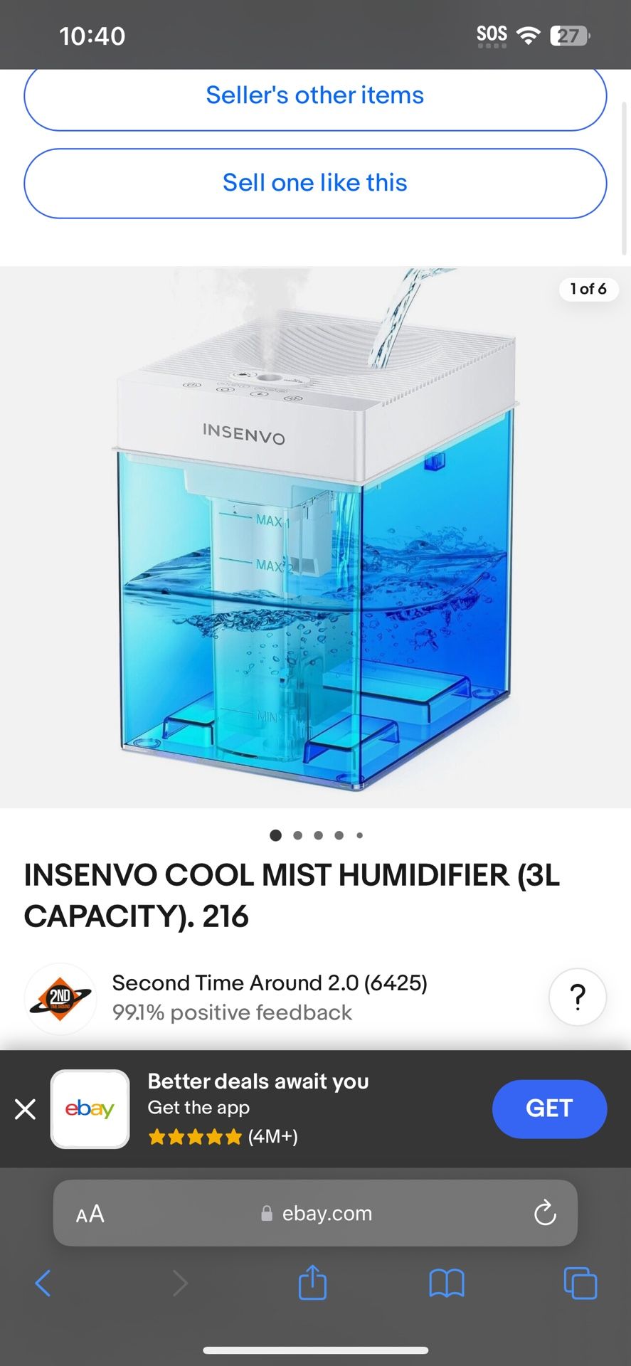 INSENVO 3L Top Fill Cool Mist Air Humidifier