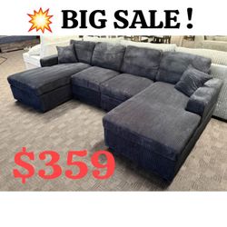 Black Corduroy Double Chaise Sectional Sofa 122"W X 60"D X 35"H