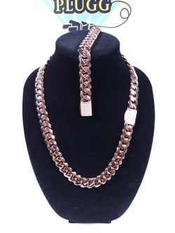 Rose Gold Chain Cuban Link w Matching Bracelet  Custom Iced Out Lock 16mm  *Brilliant Quality*