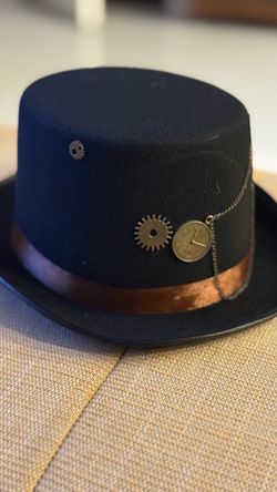 Steampunk Black Top Hat with Gears Chains & Bronze Satin Band Costume Hat