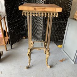 Antique Brass Glass And Wood Table