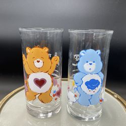 Vintage 1983 Pizza Hut Collector’s Series Care Bear Drinking Glasses Pair LN 