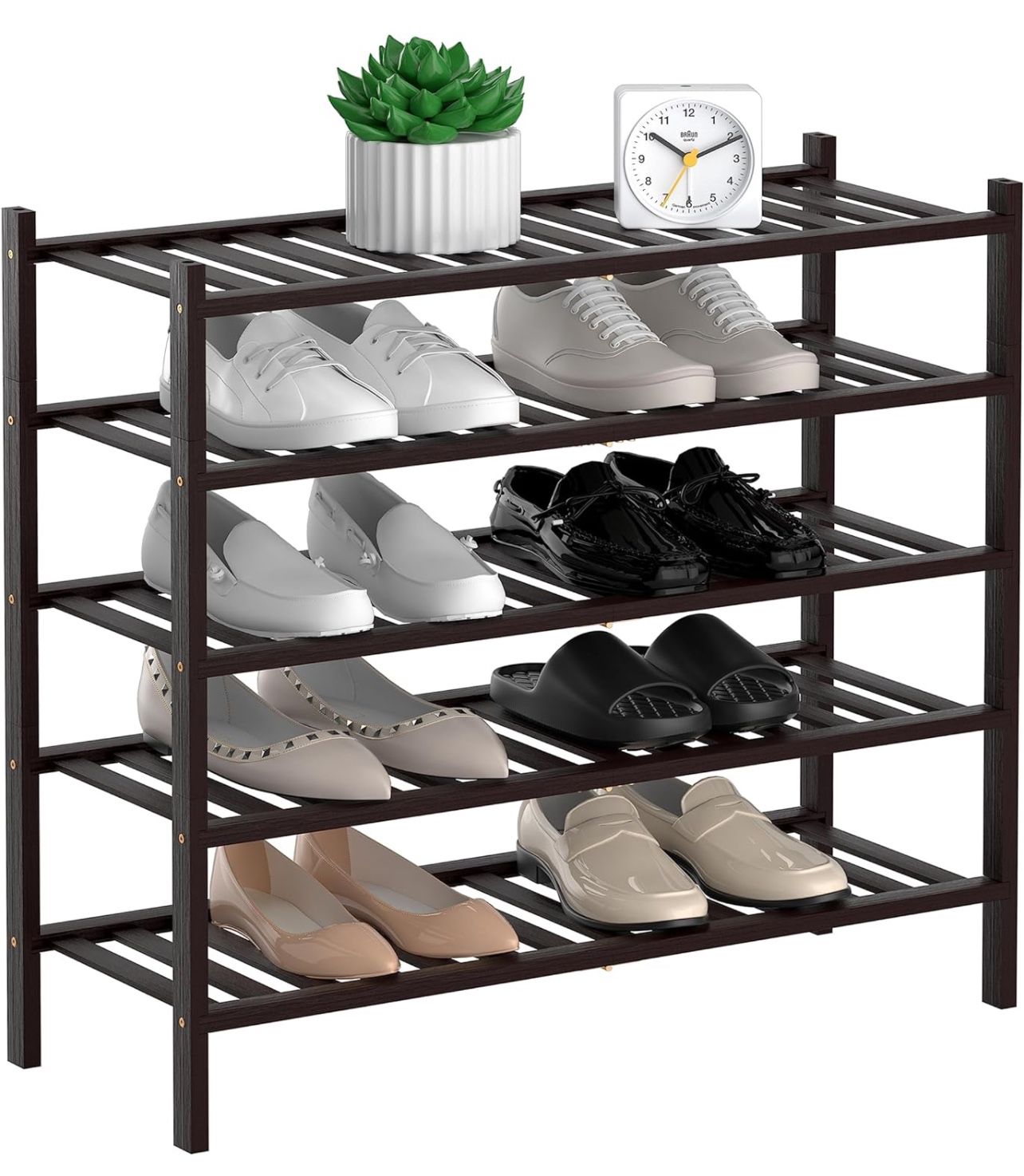 5-Tier Natural Bamboo Shoe Rack - Stackable Storage Shelf with Multi-Function Combinations - Free Standing Shoe Racks for Convenient Shoe Organization