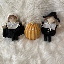 Hallmark Ceramic Pumpkin Candle Holder With Pilgrim Children 