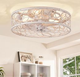 LEDIARY Caged Ceiling Fans with Lights, White Flush Mount Ceiling Fan with Remote&App, Small Low Profile Bladeless Ceiling Fan Light Fixture for Bedro