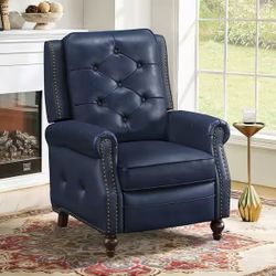 Navy Top Genuine Leather Recliner Chair with Push Back Recliner with Nail Head Trim