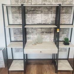 69 Inch 3 Piece Ladder Desk Set, 1 Drawer, 7 Shelves, Gray, Black