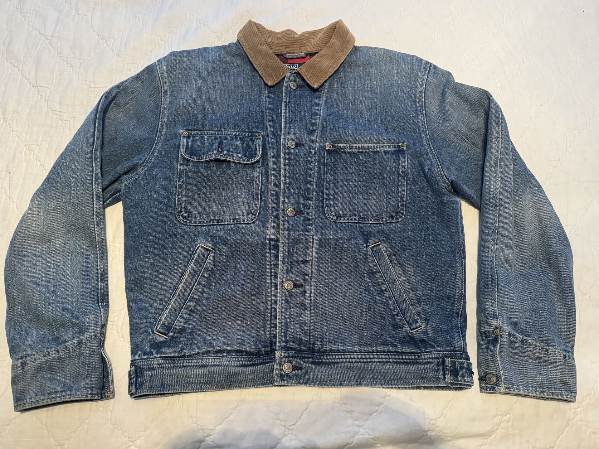 Polo Ralph Lauren Denim Jacket Men Large Blue Corduroy Collar Plaid Lined Button